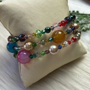 Multi color mix gemstones glass faux pearl memory wire bracelet